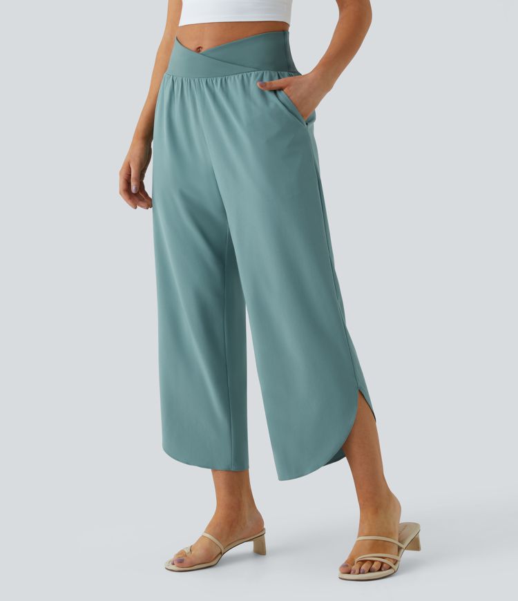 Breezeful™ - Pantaloni incrociati plissettati con vita alta e tasche laterali
