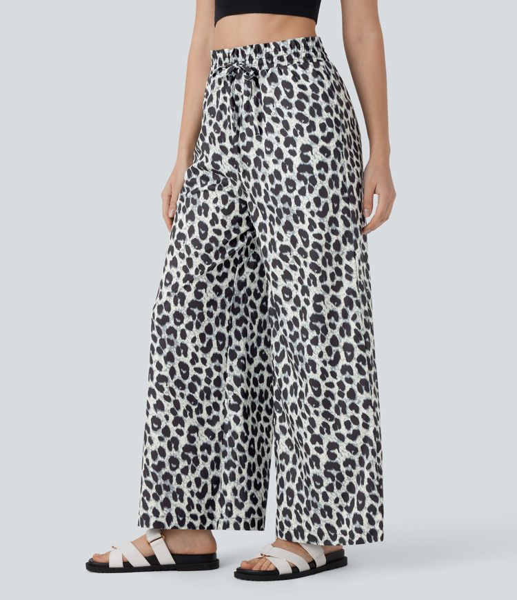 ColaComfort™ - Pantaloni casual con vita alta, tasche laterali, coulisse e stampa leopardata