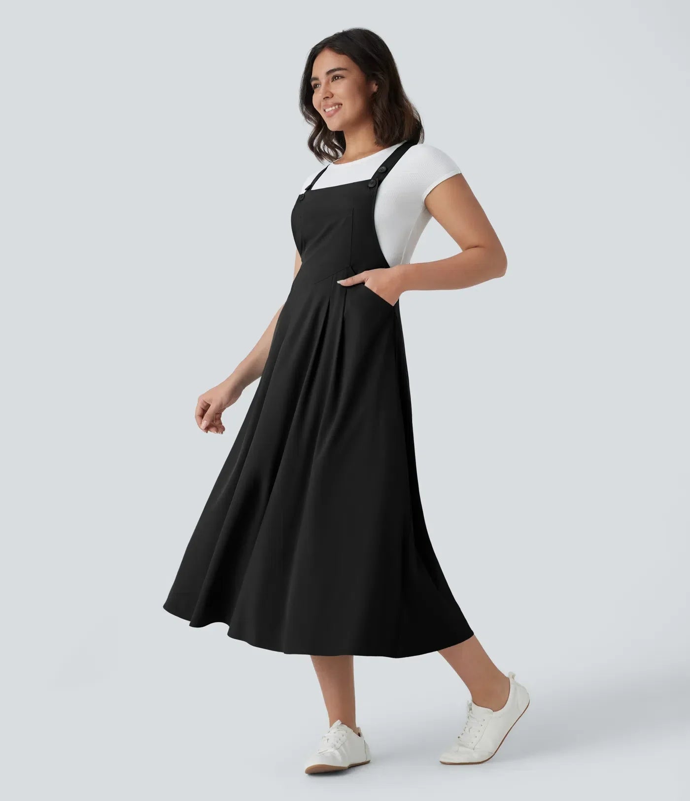 Classico™ - Abito midi casual e fluido con tasche multiple, spalline regolabili e bottoni